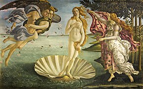 „Nașterea lui Venus” de Botticelli (cca. 1485). Acum, în galeria Uffizi, Florența. Un exemplu de stil renascentist.