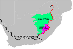 The Lesotho Highlands in a map of Southern Africa.