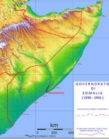 Enlargement and transformation of Italian Somaliland into Somalia Governorate of the Italian East Africa, 1936-1941. Somaliaitaliana1940.png