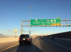 2015-11-03 16 17 47 View east at the east end of Interstate 215 at the junction with Interstate 515, U.S. Route 93, U.S. Route 95 and Nevada State Route 564 in Henderson, Nevada.jpg