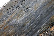 Slickensides on a fault plane, south wall of Bear Valley Strip Mine. Lens cap 5.8cm wide.