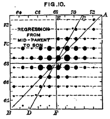 Human height is a trait with complex genetic causes. Francis Galton's data from 1889 shows the relationship between offspring height as a function of mean parent height. Galton-height-regress.png