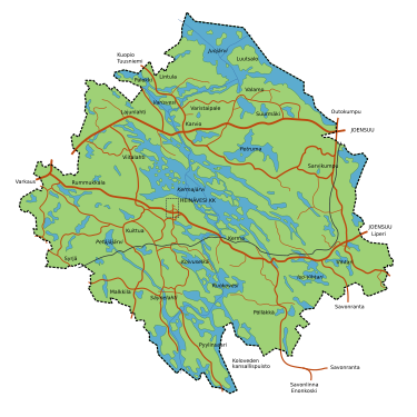 A map showing the position of Kermajärvi in the middle of Heinävesi