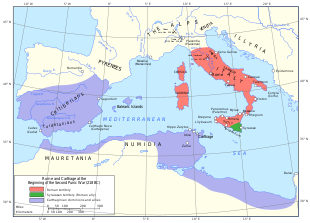 a map of the western Mediterranean region showing the territory controlled by Rome and Carthage in 218 BC