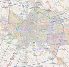 Mapa konturowa Padwy, w centrum znajduje się punkt z opisem „Papieska bazylika św. Antoniego w Padwie”