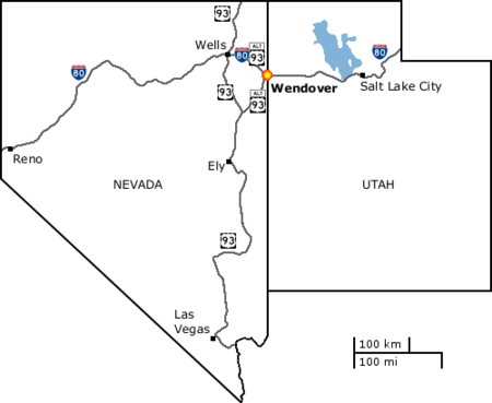 Wendover's location within the states of Nevada and Utah and on Interstate 80 and the US Highway 93 Alternate route