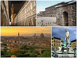 ထိပ်ဆုံးဝဲဘက်မှ လက်ယာရစ်: A collage of Florence showing the Galleria degli Uffizi (top left), followed by the Palazzo Pitti, a sunset view of the city and the Fountain of Neptune in the Piazza della Signoria.