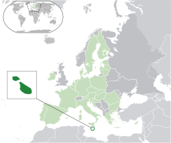 Location of  Malta  (Green circle) – on the European continent  (light green & dark grey) – in the European Union  (light green)  —  [Legend]