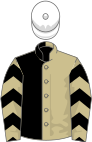 Black and beige (halved), chevrons on sleeves, white cap