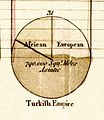 Um dos gráficos circulares utilizados por William Playfair, Statistical Breviary, mostrando a proporção do Império Turco localizado na Asia, Europa e Africa antes de 1789.