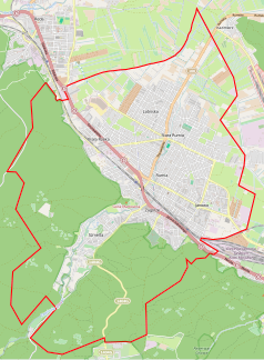 Mapa konturowa Rumi, w centrum znajduje się punkt z opisem „Parafia św. Józefa i św. Judy Tadeusza”