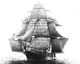 Le USS Monongahela, toutes voiles dehors, en 1862. Les bonnettes sont bien visibles de part et d'autre des voiles de misaine.