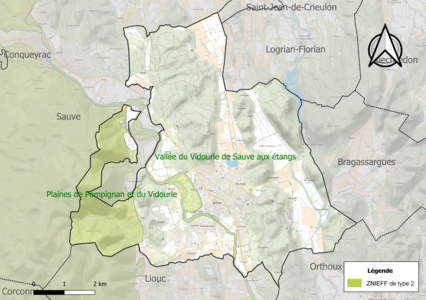 Carte des ZNIEFF de type 2 sur la commune.