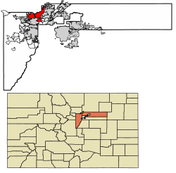 Location of the City of Westminster in Adams and Jefferson counties, Colorado.