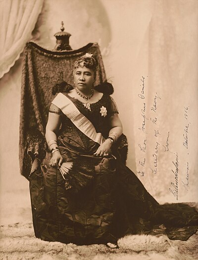 Getekende portret van koningin Liliuokalani, die laaste monarg van die Koninkryk Hawaii, ca. 1891.