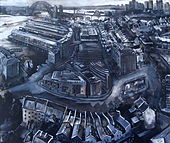 'Millers Point from top of Harbour Tower', ink acrylic gouache on paper, 120 x 131 cm, © Jane Bennett