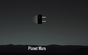 First image by the Curiosity rover of the Earth and Moon in the night sky of Mars (31 January 2014). PIA17936-f2-MarsCuriosityRover-EarthMoon-20140131.jpg