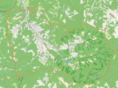 Mapa konturowa miasta Wisła, blisko centrum po prawej na dole znajduje się punkt z opisem „Czarne”