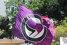 A fantifa flag is flown in 2018. Anti fascist feminist.jpg