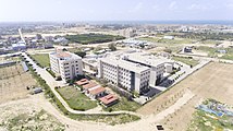 The Hospital and the IUG Faculty of Medicine buildings as the appear in an aerial view taken from the north-east.