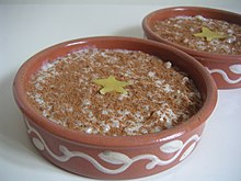 Arroz con leche
(rice with milk) is the Spanish and American type of rice pudding. Leftover rice is often used, especially in restaurants. Arros amb llet.jpg