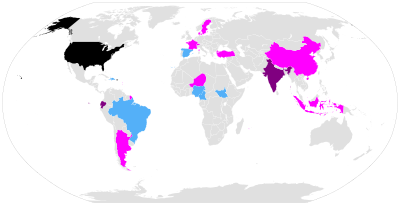 A line-drawing of a world map with the United States and Puerto Rico in black; Ecuador and India in violet; Brazil, the Dominican Republic, Haiti, Nigeria, and Sudan in cyan; and Argentina, mainland China, Denmark, France, Indonesia, Niger, Sweden, Switzerland, and Turkey in magenta.