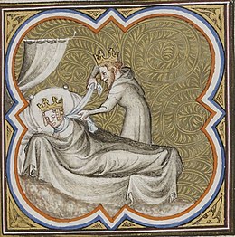 Ewava va telomtara va Galswinthe gan Childéric, koe Grandes Chroniques de France, 1375-1380