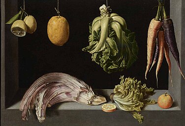 Vegetables and fruits, some suspended by thread. Still Life with Fruits and Vegetables by Juan Sánchez Cotán; c. 1600, 69 × 96 cm, private collection.