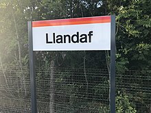 Llandaf station sign with interim Metro branding, July 2017 Llandaf Station Sign.jpg