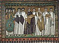 Court of Emperor Justinian with (right) archbishop Maximian and (left) court officials and Praetorian Guards