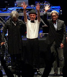 YMO after playing a 2008 concert in London. From left to right: Ryuichi Sakamoto, Yukihiro Takahashi, Haruomi Hosono