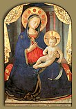 A traditional depiction of Mary by Fra Angelico wearing a blue mantle