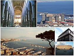 A dóm főhajója, a Castel Nuovo, a Nápolyi-öböl látképe Mergellináról, a San Carlo operaház és a királyi palota főhomlokzata.