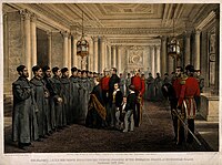 Crimean War, England: Queen Victoria and Prince Albert inspecting the wounded Grenadier Guards in Buckingham Palace 1855