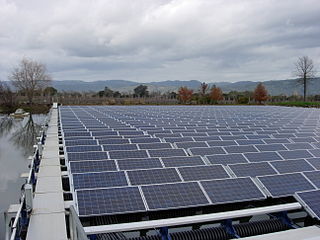 <span class="mw-page-title-main">Floating solar</span> Systems of solar cell panels installed on a structure that floats on a body of water