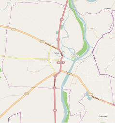 Mapa konturowa Pułtuska, w centrum znajduje się punkt z opisem „Kościół świętych Apostołów Piotra i Pawła”