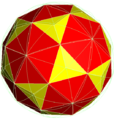 Tripentakis icosidodecahedron, the Kleetope of the icosidodecahedron, can be obtained by raising low pyramids on each equilateral triangular face on a pentakis icosidodecahedron. It has 120 isosceles triangle faces (2 types), 180 edges (3 types) and 62 vertices (3 types).