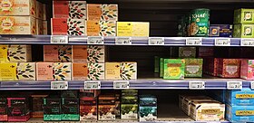 Part of the tea section of a Carrefour hypermarket in Paris, 2019. Supermarche The France.jpg