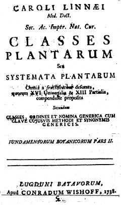 Title page of Linnaeus's Classes Plantarum of 1838. Classes Plantarum 1738.jpg