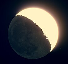 During the crescent phase, the darker side of the Moon reflects indirect sunlight, reflected from Earth, while the other side reflects direct sunlight. Earth illuminates.jpg