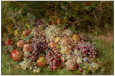 Grapes and landscape painting. Fruits by Julia Alcayde y Montoya; 1926, 72 × 106 cm, Prado Museum.