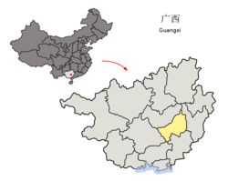 Guigangin sijainti Guangxissa, alla sijainti Kiinassa.