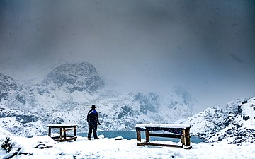 A man facing heavy snowfall at Gosaikunda area. Photograph: Babin Dulal