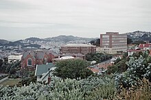 Buildings seen from a nearby hill