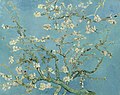 Painting of branches with white blossoms against a blue background.