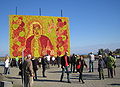 Mosaic portrait of Linnaeus made from apples in Kivik, 2007