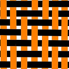 Simple diagram of black weft threads being woven under two orange warp threads then over two of the warp threads