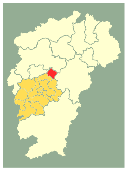 Location of Xingan County (red) in Ji'an City (darker yellow) and Jiangxi (lighter yellow)