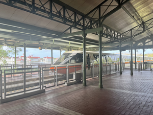 Monorail Orange pulling into the magic kingdom station in February 2022