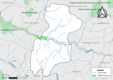 Carte de la ZNIEFF de type 1 de la commune.